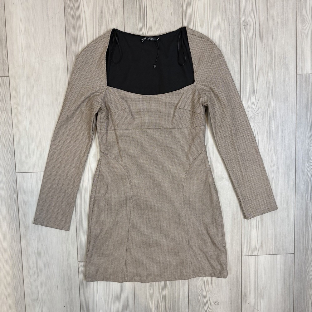 ZARA Medium Tailored Long Sleeve Brown Plaid Square Neckline Check Dress